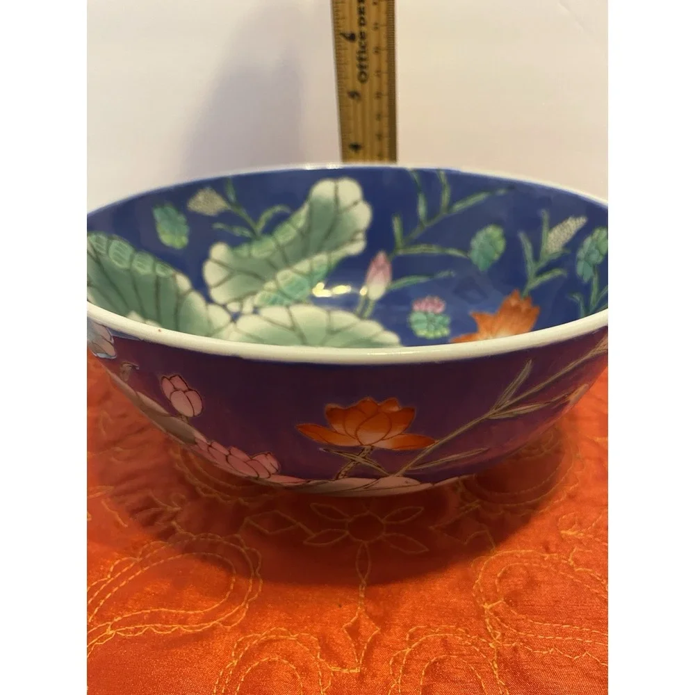 Chinese Bowl Blue Lily Pad Mandarin Birds Floral Pattern Porcelain~VINTAGE~1950s